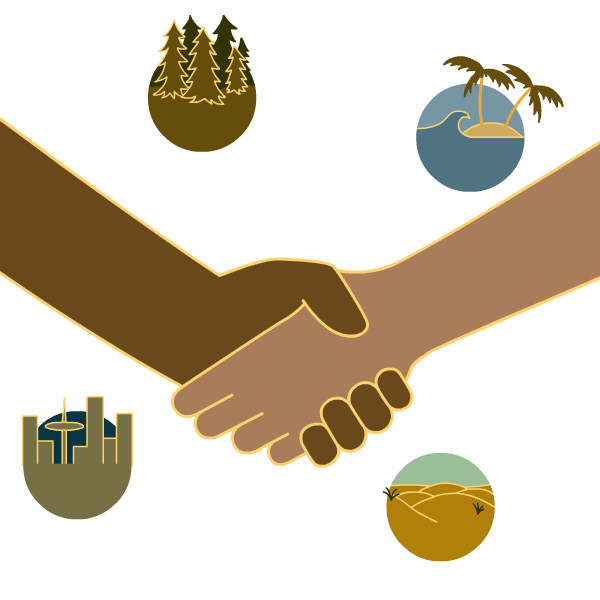 两个人在森林、海滩、沙漠和城市的象征中握手